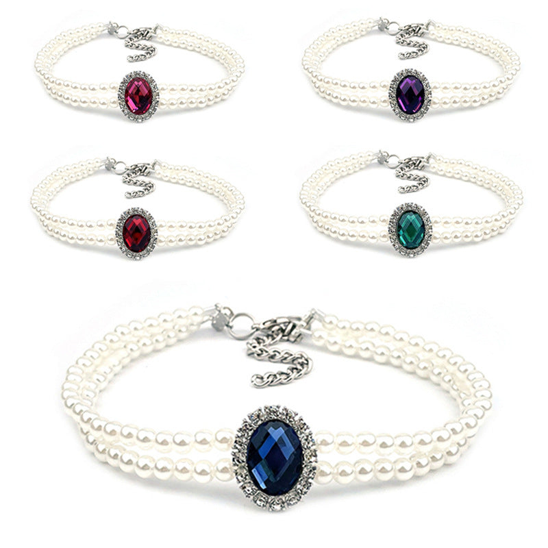 Amazon pet double row vertical pearl rhinestone collar for cats and dogs, adjustable necklace, cute accessories