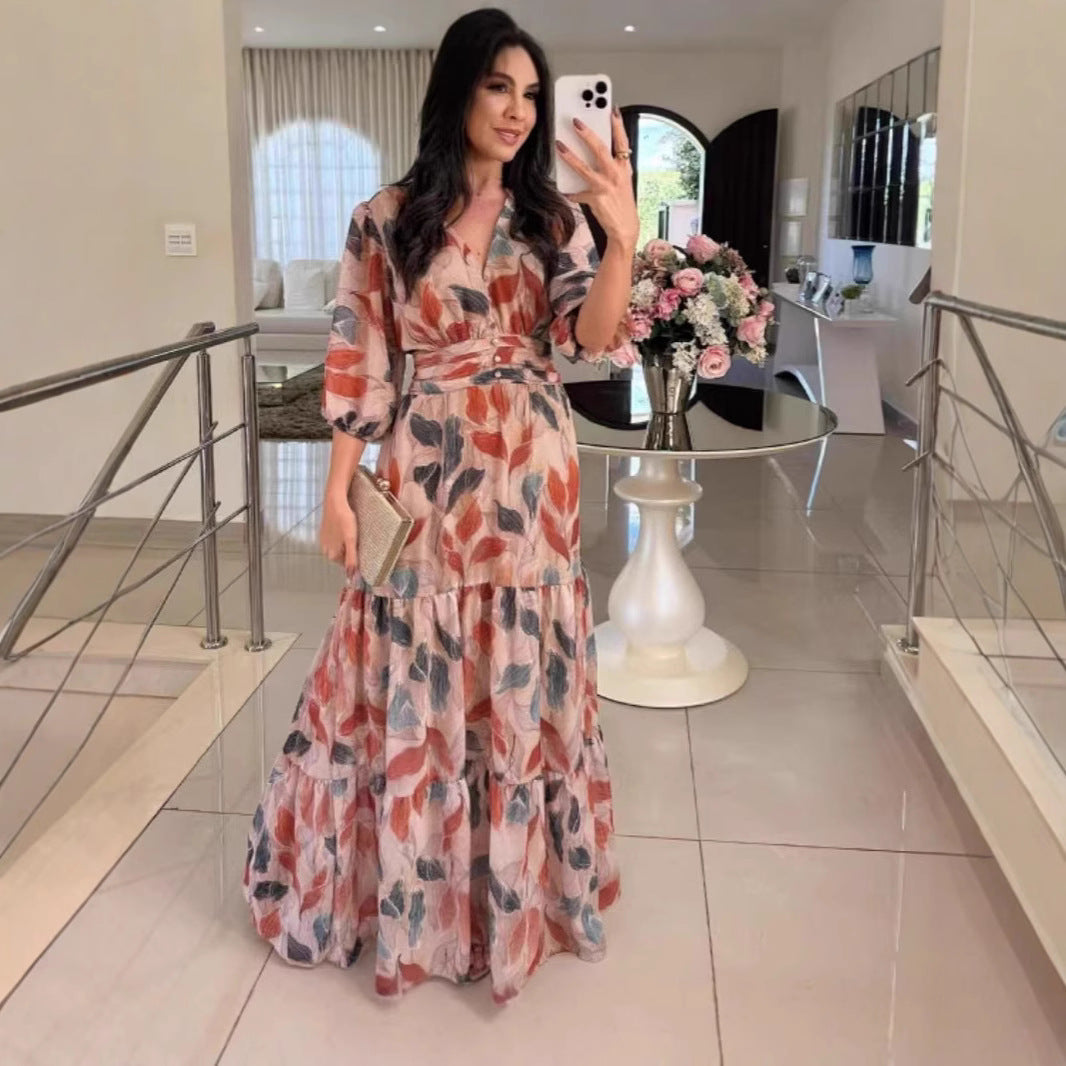 Amazon Foreign Trade 2026 European and American Women's Summer New V-neck Fashionable Elegant Printed Long Dress