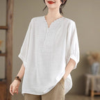 Plus-size women's cotton and linen T-shirt, high-end retro loose three-quarter sleeve top, new style for mothers.