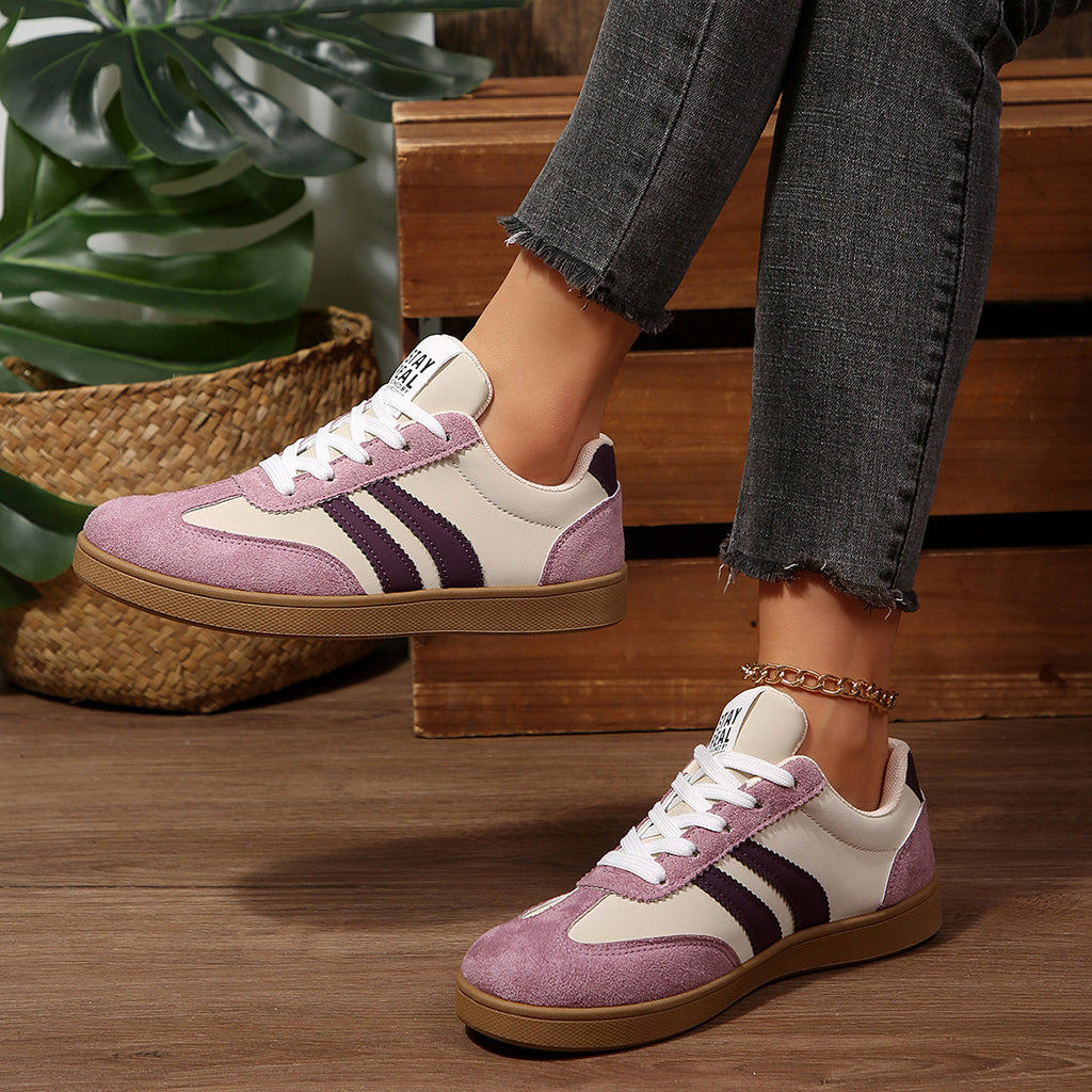 Women's Beige Flat Sneakers - Low-Top, Lace-Up