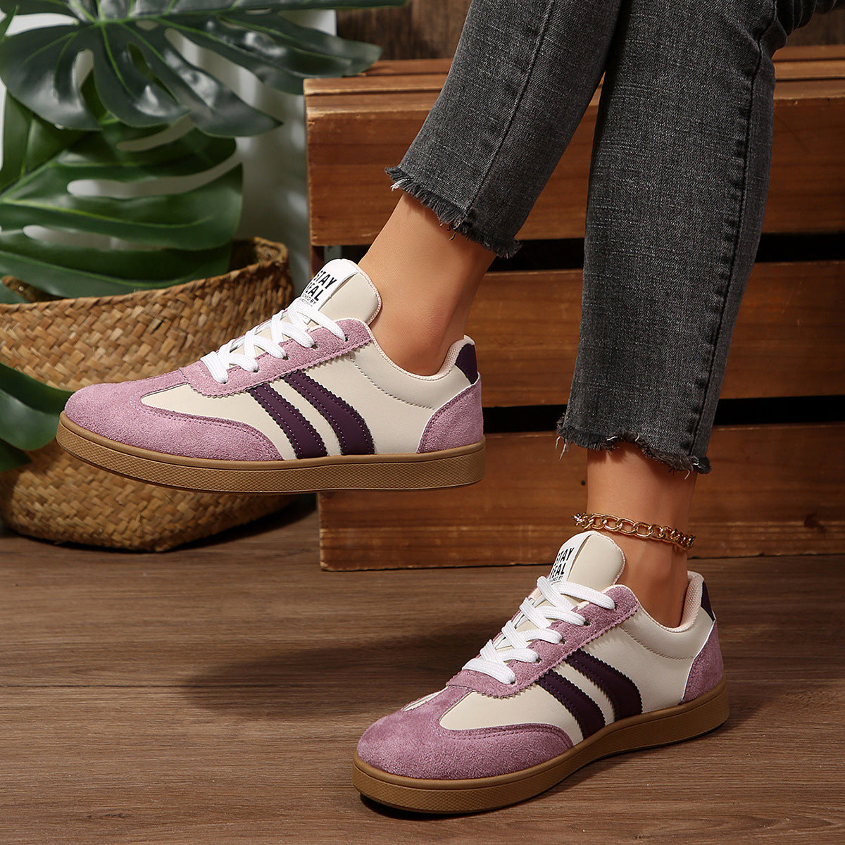 Women's Beige Flat Sneakers - Low-Top, Lace-Up