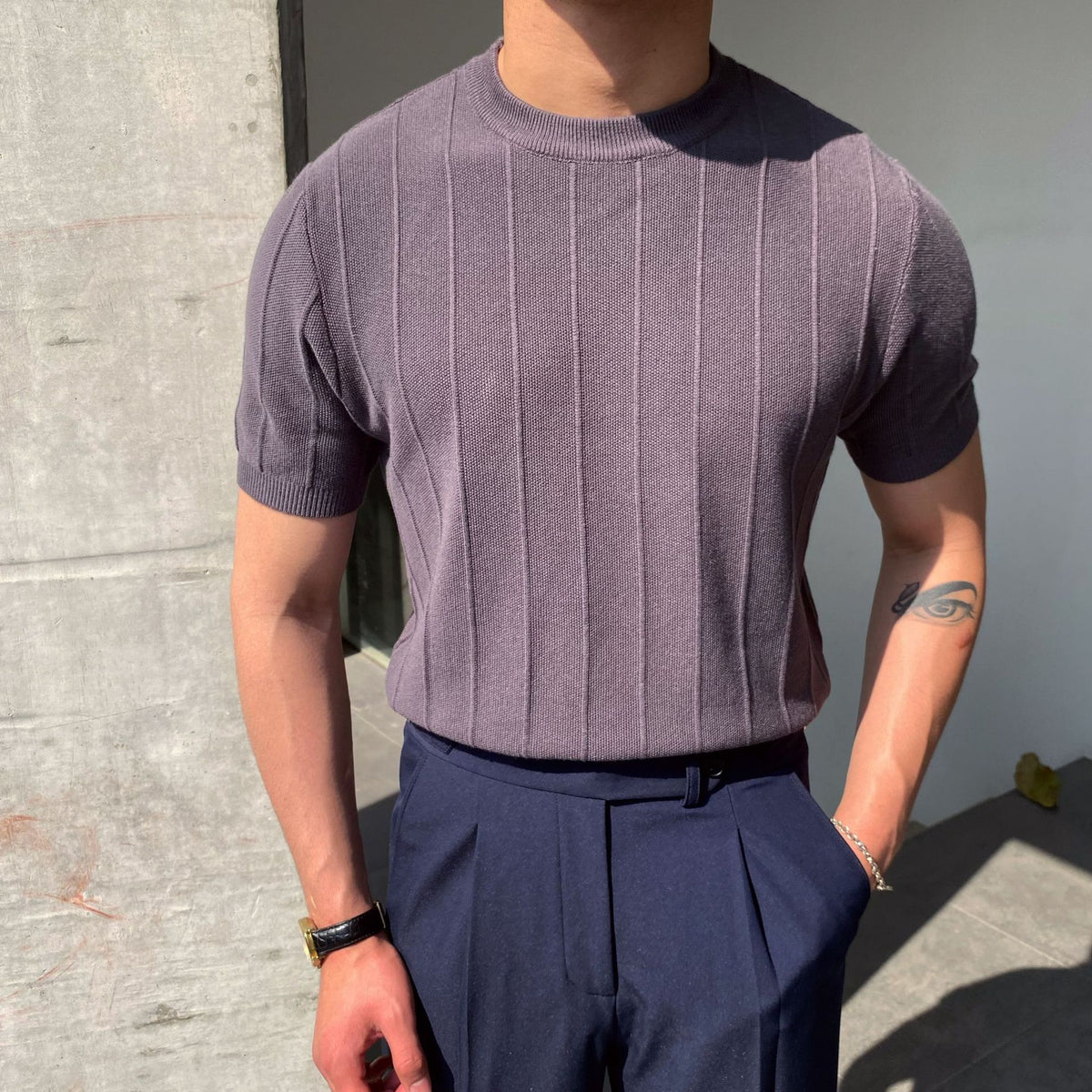 Men's Black Knit T-Shirt - Crew Neck, Short Sleeve