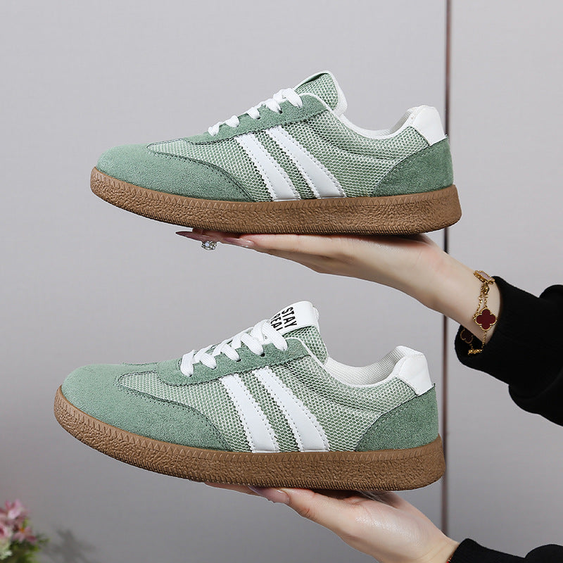 Women's Beige Flat Sneakers - Low-Top, Lace-Up