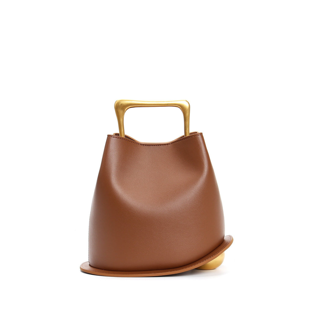 New genuine leather plain weave handbag imported cowhide commuter basket bucket bag wooden handbag messenger bag for women