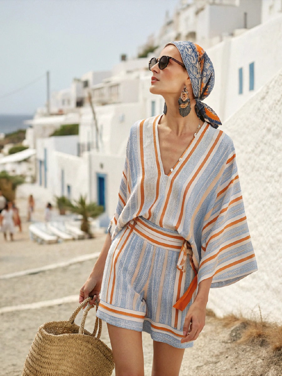 2026 European and American New Style Striped Casual V-neck T-shirt and Linen-style Set with Loose Shorts