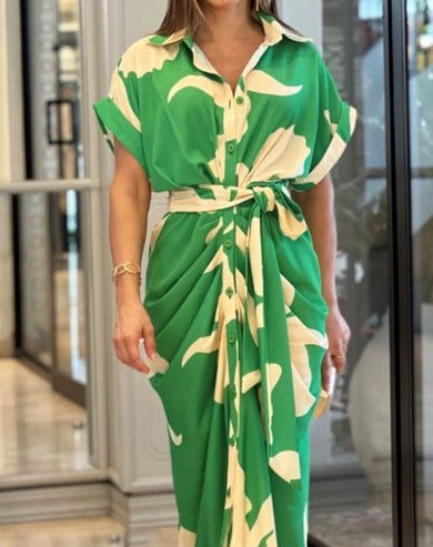 European and American cross-border 2024 Amazon summer new women's clothing printed lapel short-sleeved waist long shirt dress