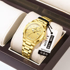 Women's Gold Blue Quartz Watch - Steel Band, Waterproof