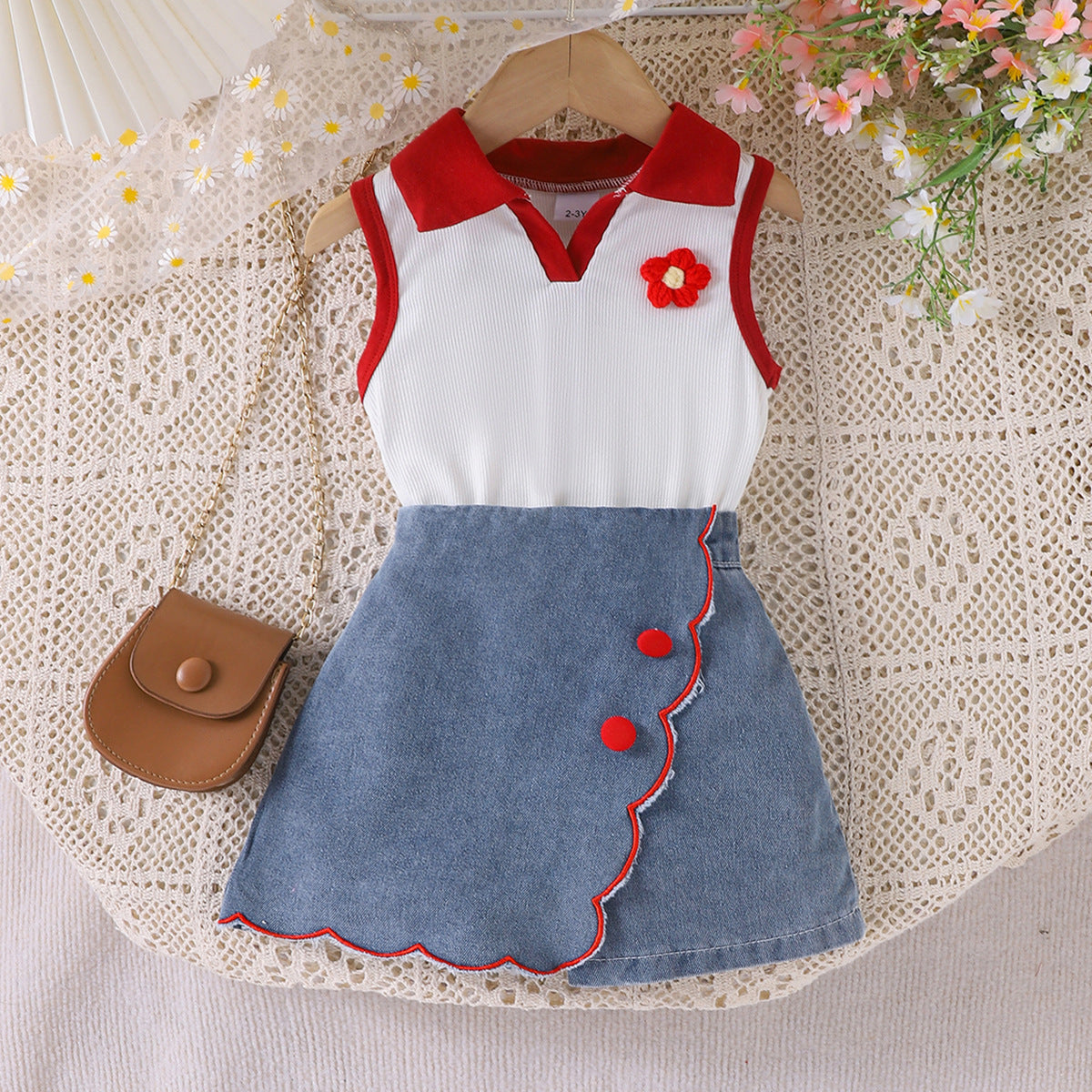 Cross-border foreign trade children's clothing European and American summer girls lapel sleeveless flower contrast vest lace denim shorts suit
