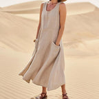 Amazon independent station wish2023 summer European and American foreign trade pocket sleeveless round neck women's cotton and linen dress