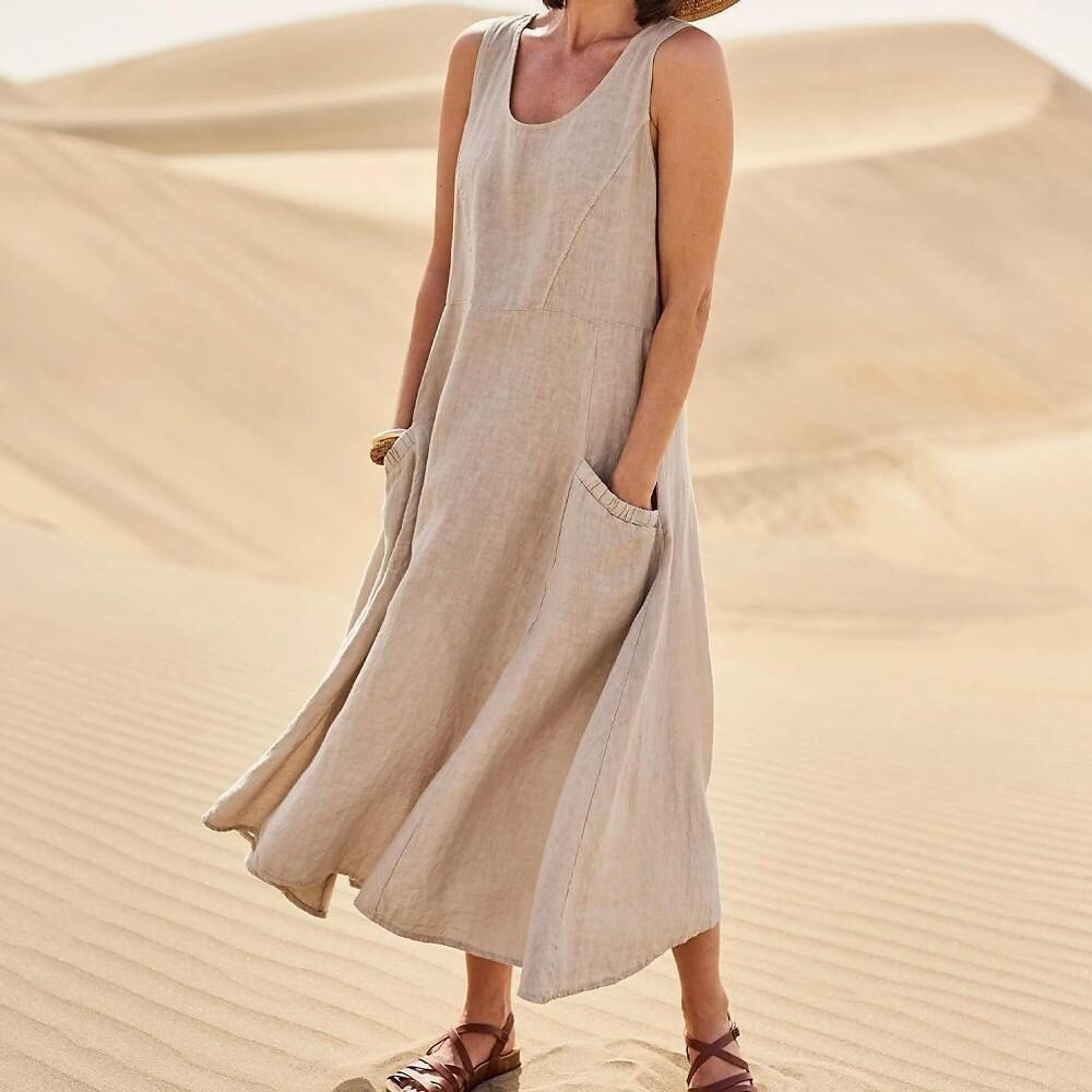 Amazon independent station wish2023 summer European and American foreign trade pocket sleeveless round neck women's cotton and linen dress