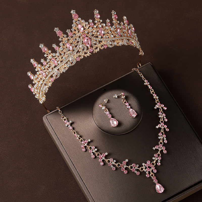 Crown headpiece necklace earrings champagne vintage pink diamond birthday crown hair accessories bride wedding dress three-piece set