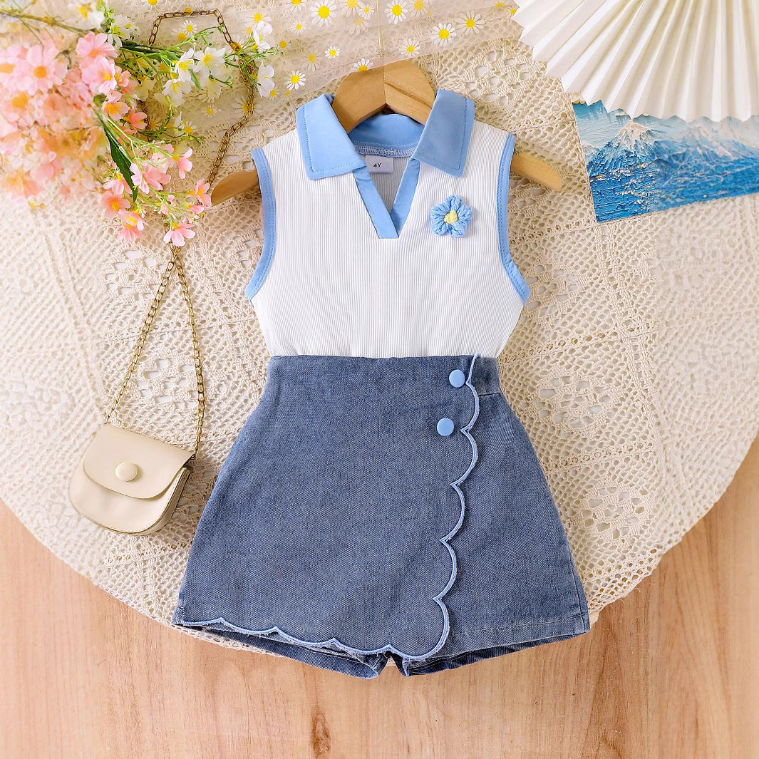 Cross-border foreign trade children's clothing European and American summer girls lapel sleeveless flower contrast vest lace denim shorts suit