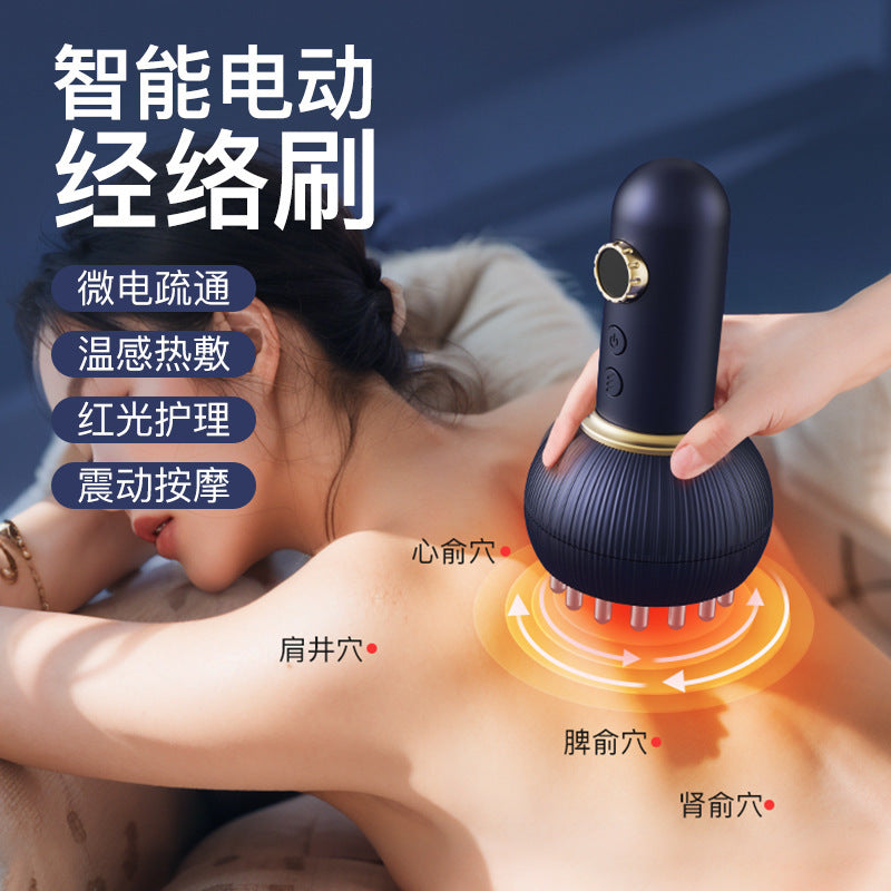 Electric meridian brush scraping device for shoulder and neck massage, abdominal massage, back slimming, belly slimming, and full-body massage and cupping.