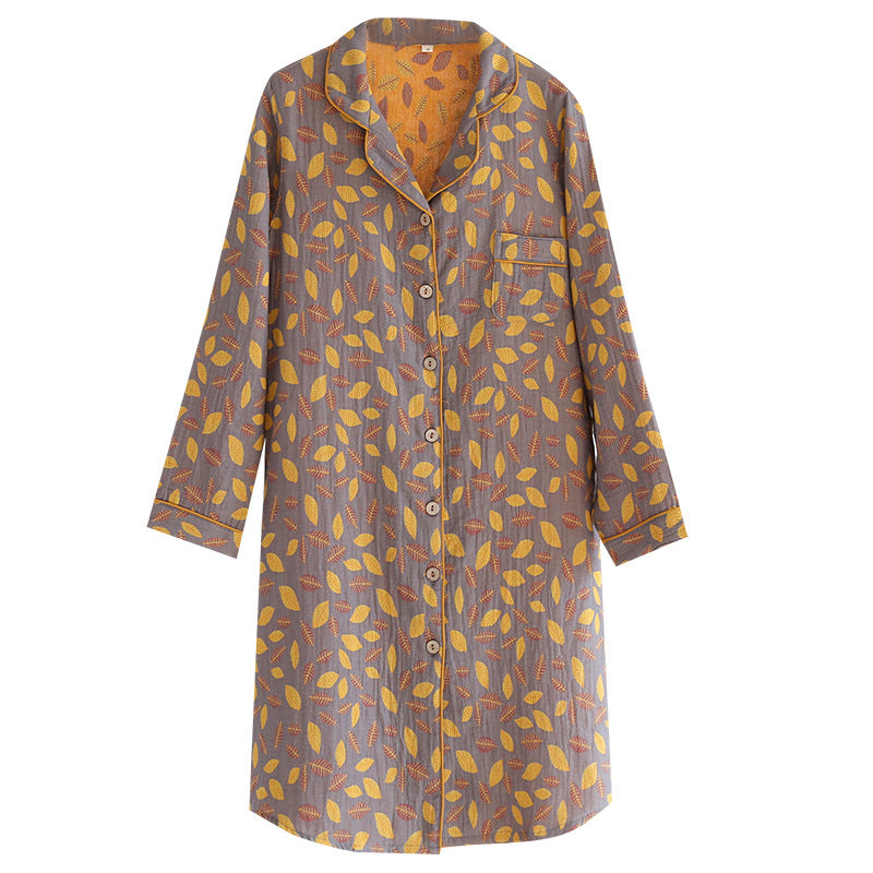 Women's cotton long-sleeved nightgown, simple plus size, double-layer gauze home dress, retro long-sleeved dress, perfect for spring and summer.