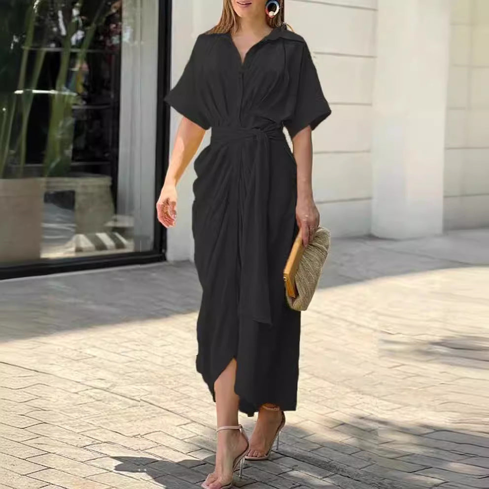 European and American cross-border 2024 Amazon summer new women's clothing printed lapel short-sleeved waist long shirt dress