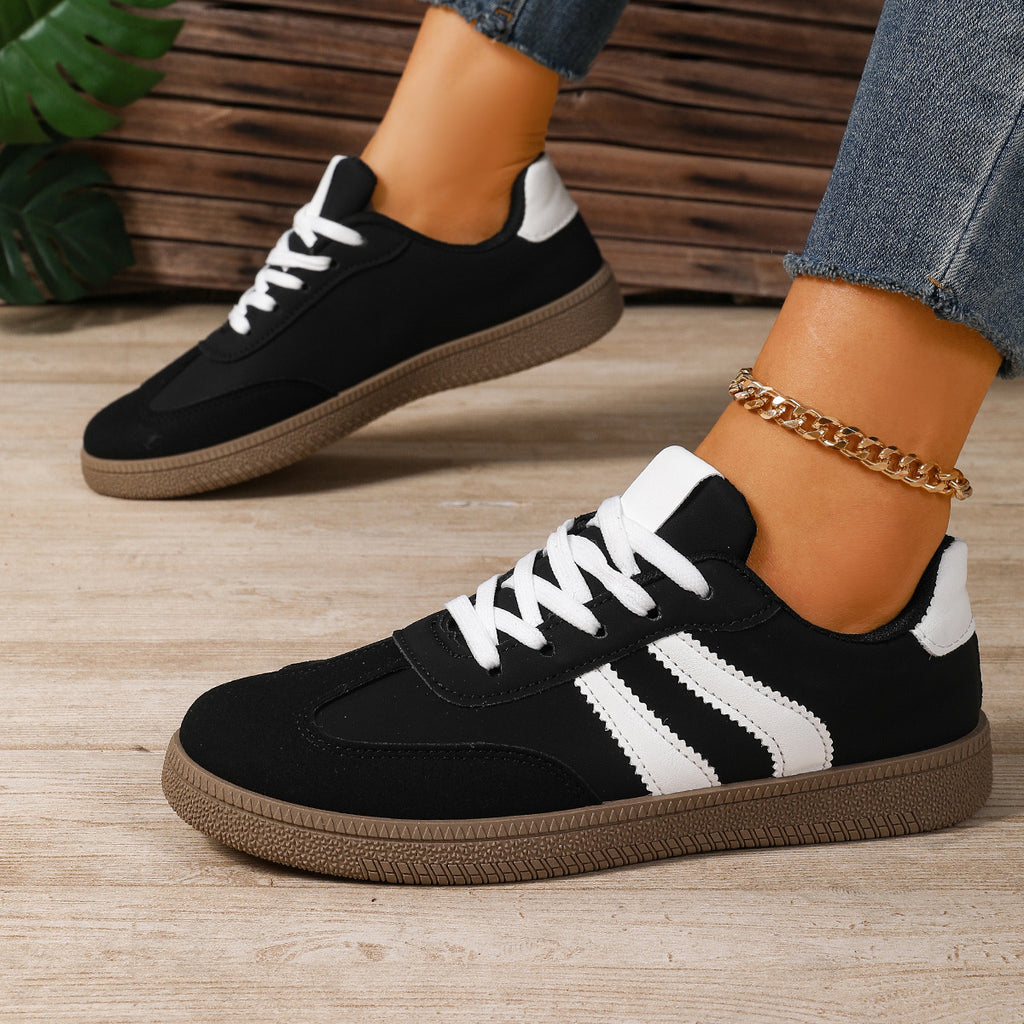 Women's Beige Flat Sneakers - Low-Top, Lace-Up