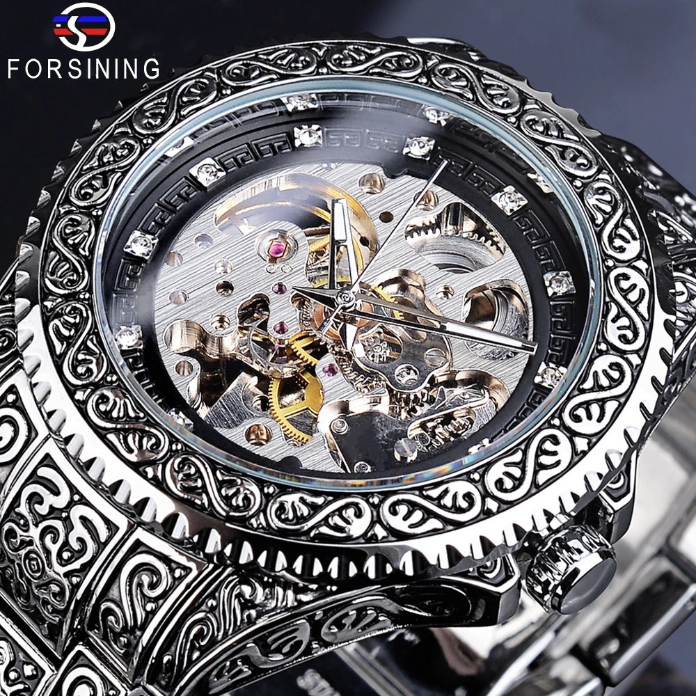 Men's Black Silver Automatic Mechanical Watch - Steel Strap