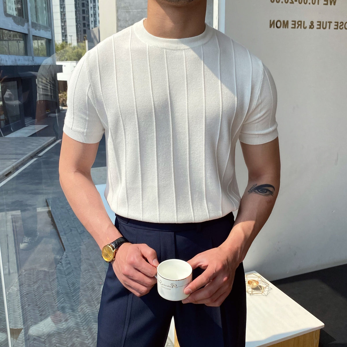 Men's Black Knit T-Shirt - Crew Neck, Short Sleeve