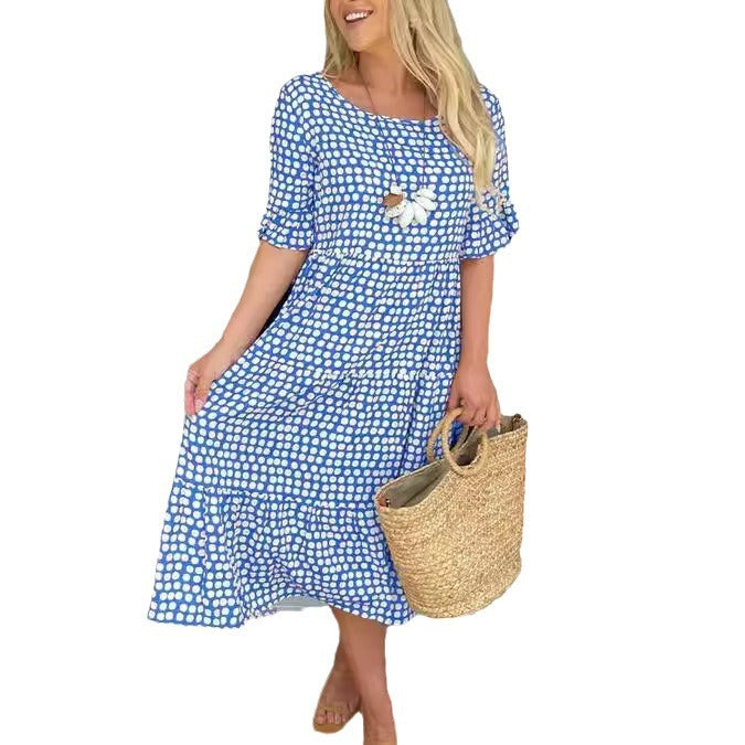 New European and American style women's clothing, best-selling summer round neck printed short-sleeved dress on Amazon independent website.