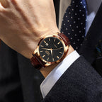 Men's Three-Hand Quartz Watch - Leather Strap, Waterproof