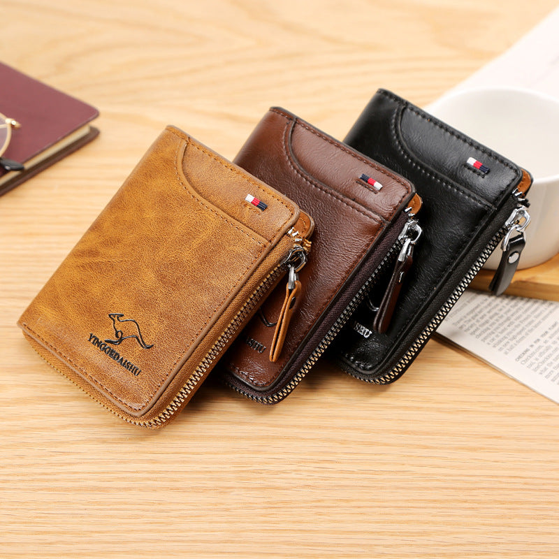 Men's Brown Zip Wallet - Card Holder, Hollow Design