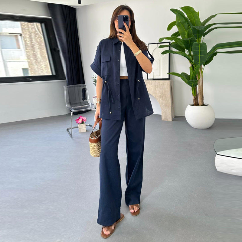 Spot 2024 summer new European and American Amazon cross-border women's casual drawstring top versatile trousers two-piece set