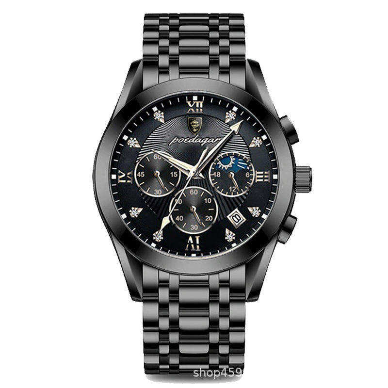 Men's Rose Gold Black Quartz Watch - Leather Strap, Calendar