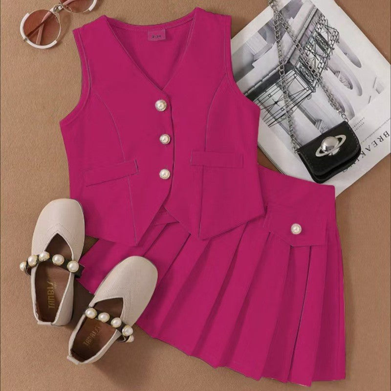 2025 Foreign Trade Cross-border European and American Summer Hot Selling Girls' Suit Small and Medium Children's Vest Top Pleated Skirt Factory Direct