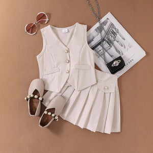 2025 Foreign Trade Cross-border European and American Summer Hot Selling Girls' Suit Small and Medium Children's Vest Top Pleated Skirt Factory Direct