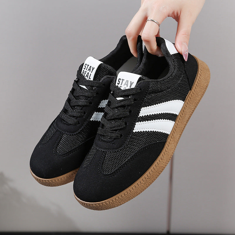 Women's Beige Flat Sneakers - Low-Top, Lace-Up