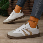 Women's Beige Flat Sneakers - Low-Top, Lace-Up