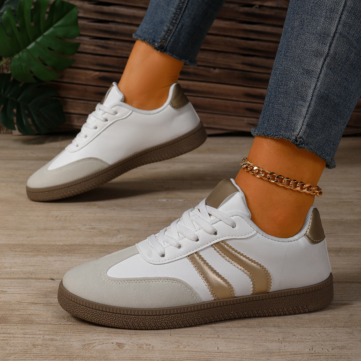 Women's Beige Flat Sneakers - Low-Top, Lace-Up