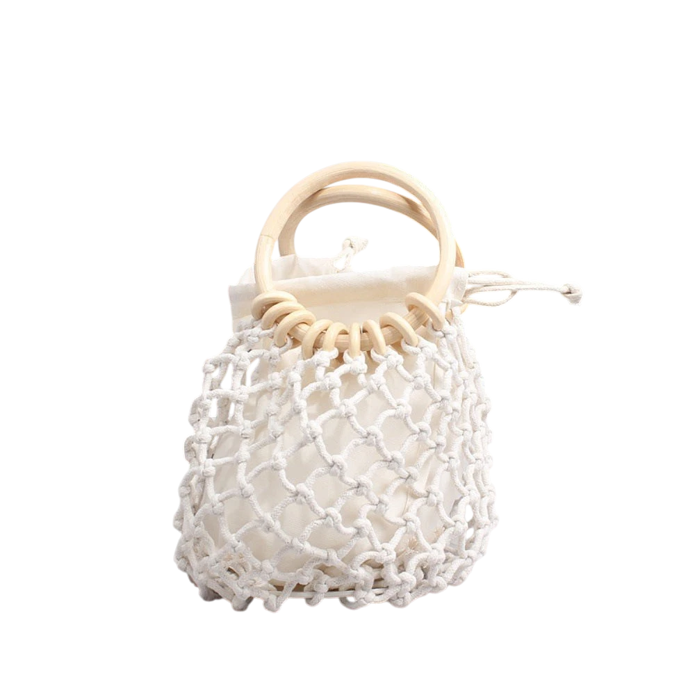 Handmade straw bag, small woven bag with round hollow handle, mesh bag, tote bag, niche brand bag for women, cotton thread, fishing net, hollow design.