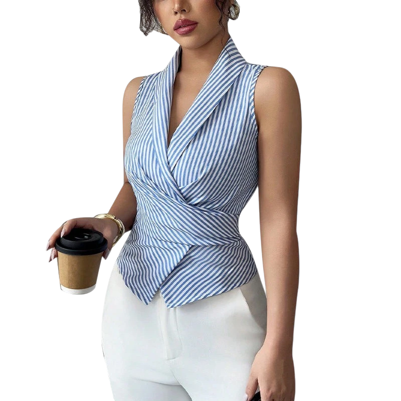 Cross-border European and American striped sleeveless shirt, 2025 summer, tie-waist slimming vest shirt, eBay foreign trade women's clothing