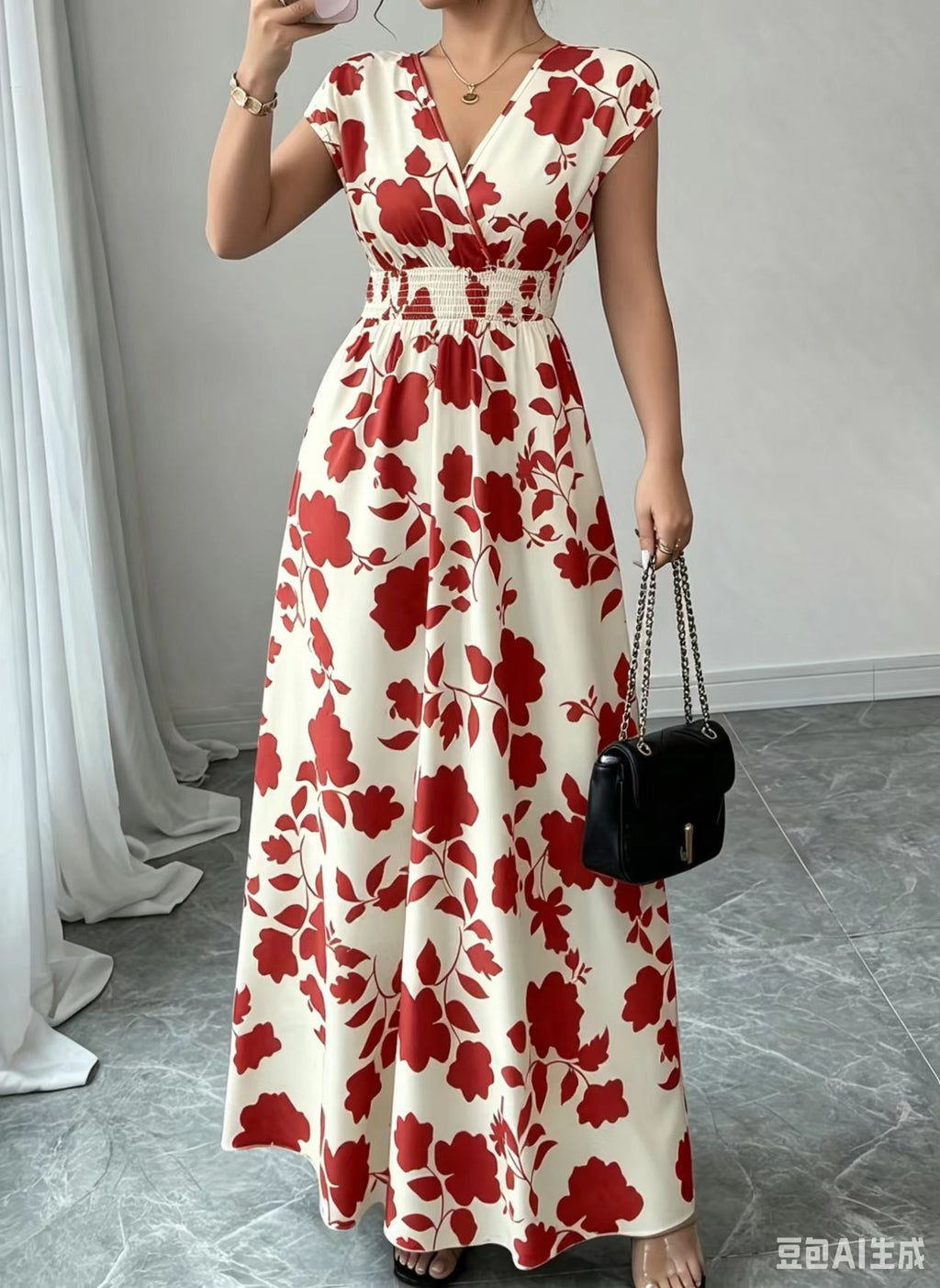 2026 New French V-neck Slim Waist Maxi Dress, Elegant and Stylish Dress (for European and American Cross-Border Amazon and AliExpress)