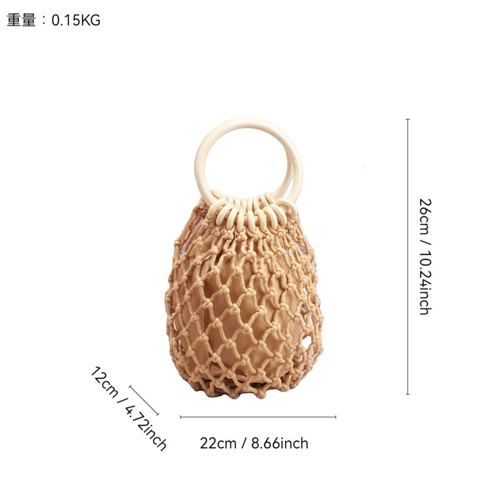 Handmade straw bag, small woven bag with round hollow handle, mesh bag, tote bag, niche brand bag for women, cotton thread, fishing net, hollow design.