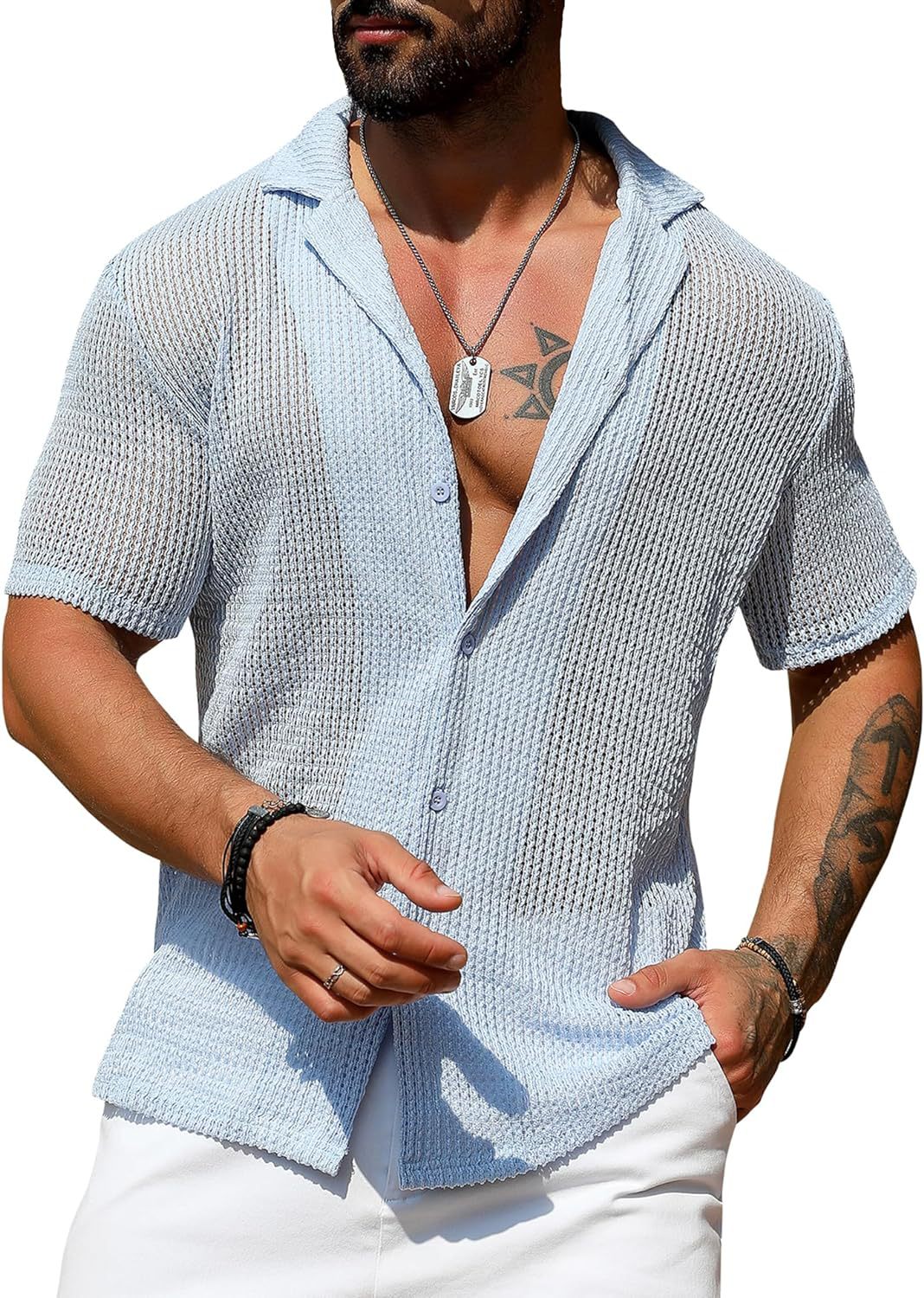 Men's White Knit Cardigan Shirt – Short Sleeve | Aladinae