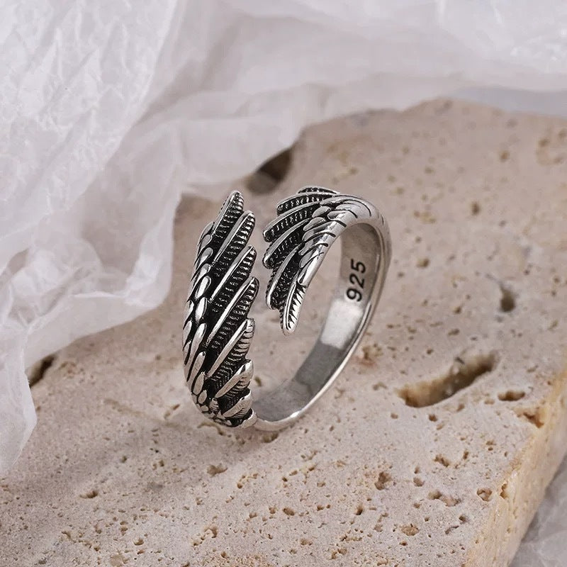 S925 sterling silver European and American retro old feather ring female simple fashion Thai silver jewelry temperament ring wholesale