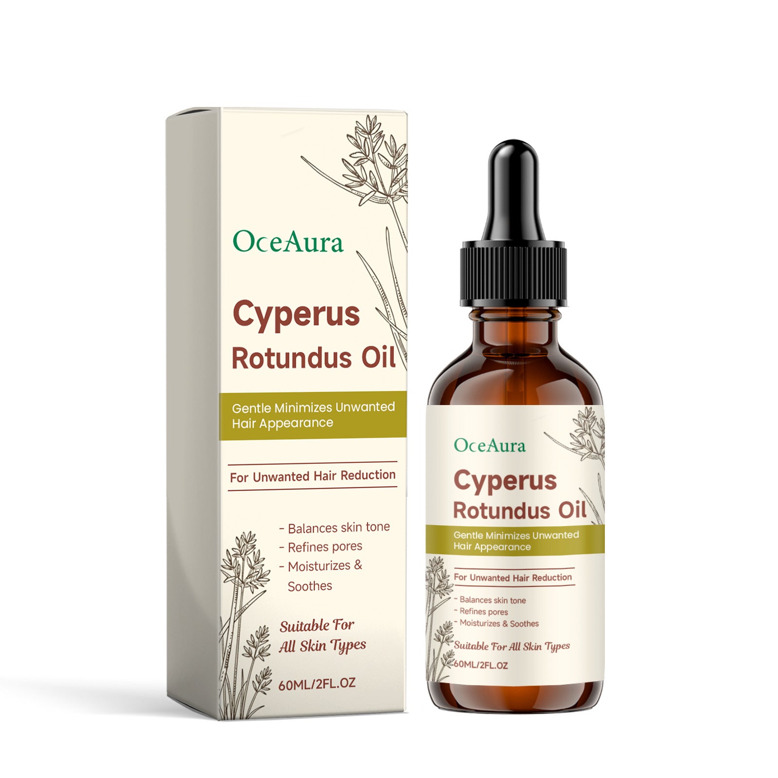 OCEAURA Cyperus rotundus hair removal essential oil: Gentle cleansing and moisturizing daily care oil for body skin.