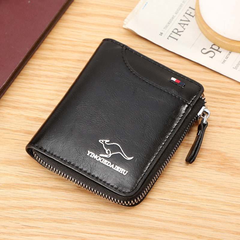 Men's Brown Zip Wallet - Card Holder, Hollow Design