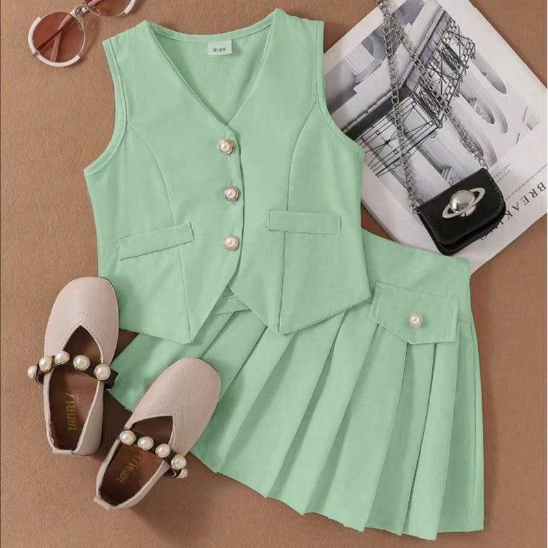 2025 Foreign Trade Cross-border European and American Summer Hot Selling Girls' Suit Small and Medium Children's Vest Top Pleated Skirt Factory Direct