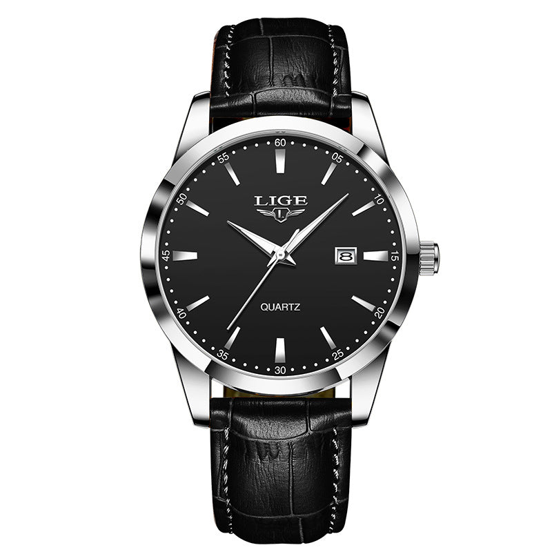 Men's Three-Hand Quartz Watch - Leather Strap, Waterproof