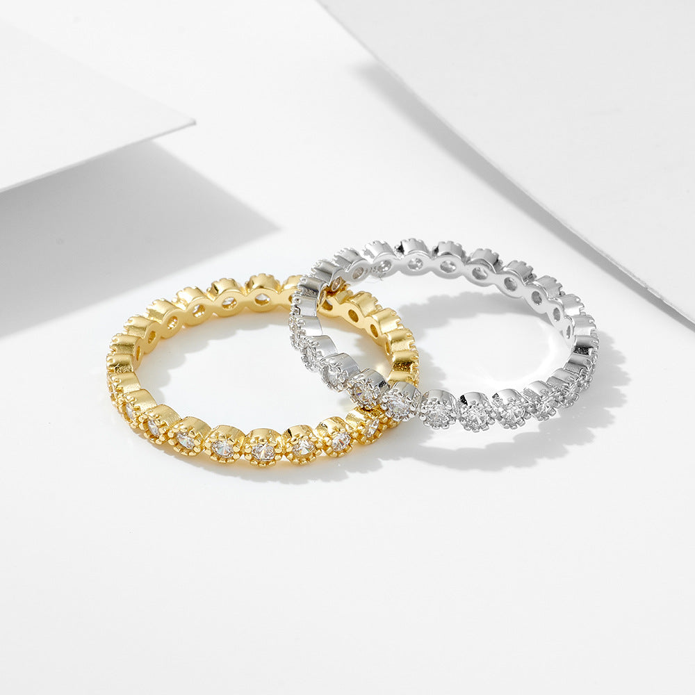 European and American ins simple micro-paved zircon stacked versatile ring s925 sterling silver geometric round full diamond ring bracelet