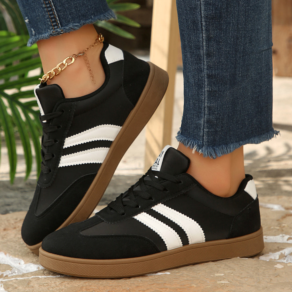 Women's Beige Flat Sneakers - Low-Top, Lace-Up