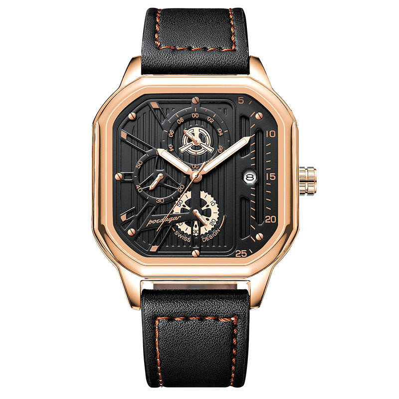 Men's Black Square Dial Quartz Watch - Leather, Waterproof