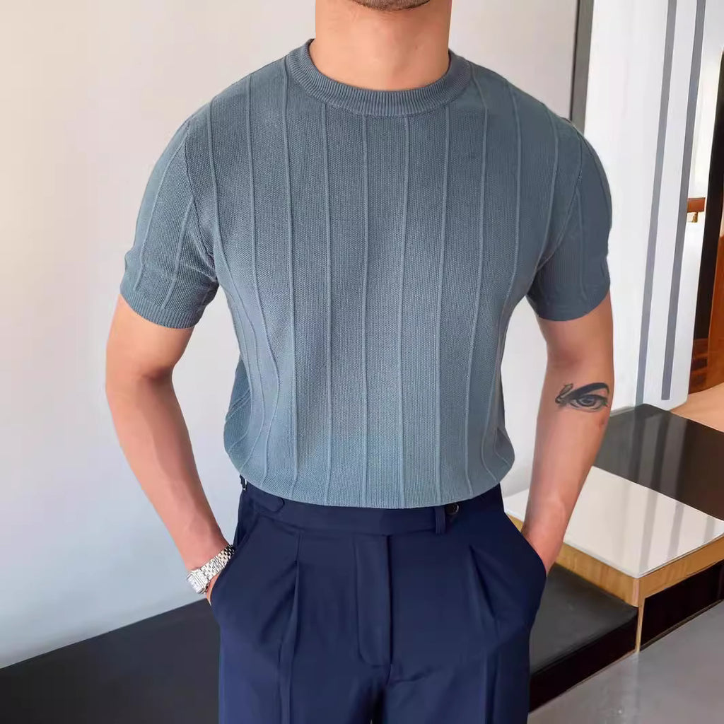 Men's Black Knit T-Shirt - Crew Neck, Short Sleeve
