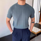 Men's Black Knit T-Shirt - Crew Neck, Short Sleeve