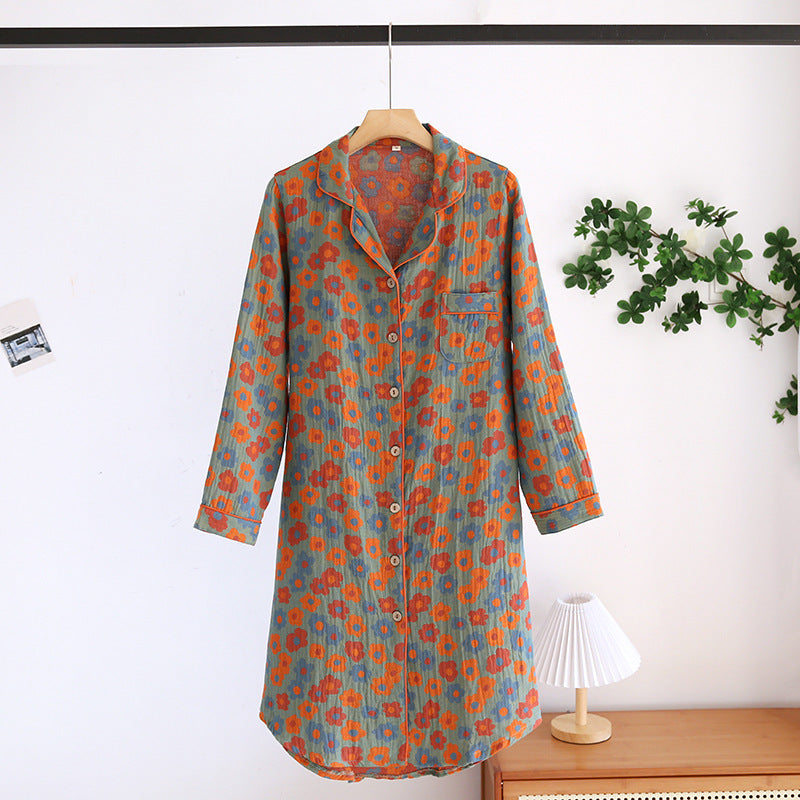 Women's cotton long-sleeved nightgown, simple plus size, double-layer gauze home dress, retro long-sleeved dress, perfect for spring and summer.