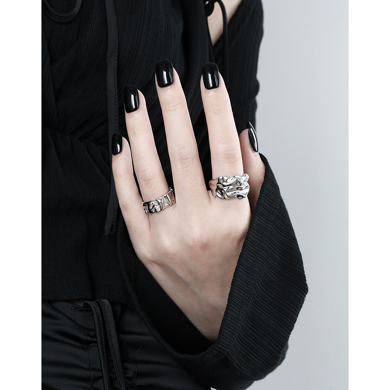 017 Korean style niche personalized silver pair ring simple geometric irregular texture texture S925 sterling silver ring for women