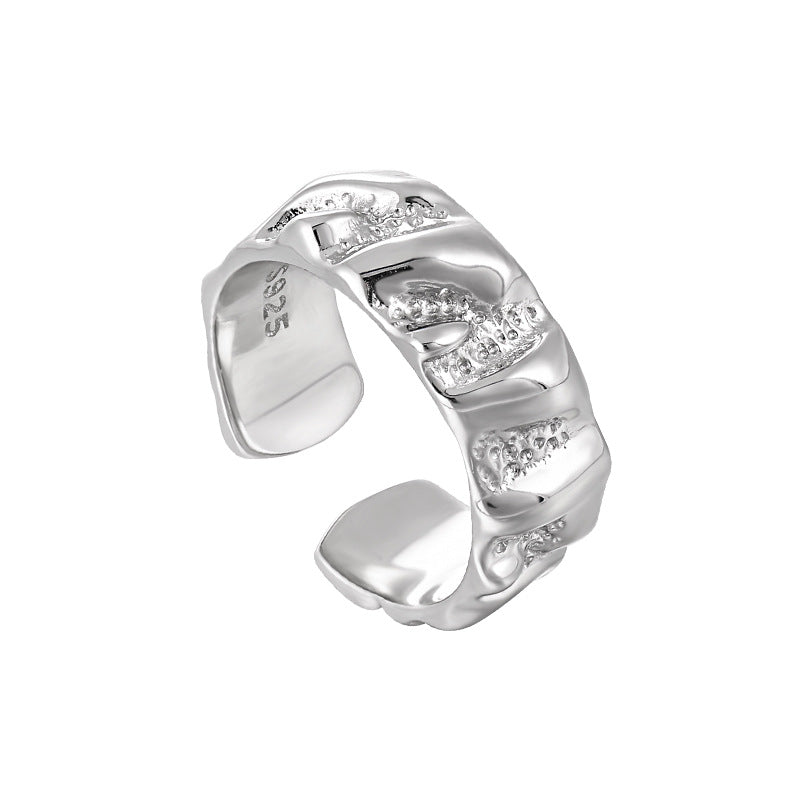 017 Korean style niche personalized silver pair ring simple geometric irregular texture texture S925 sterling silver ring for women